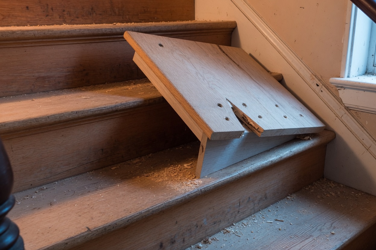 An oak tread lifted off a stair to show the stringer.